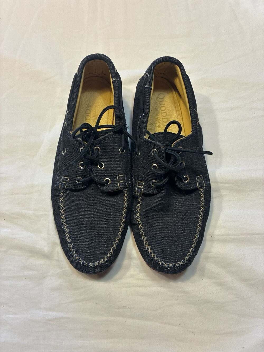 Quoddy Men's Blucher Boat Shoes in Dark Grey Denim with Brick Red Sole